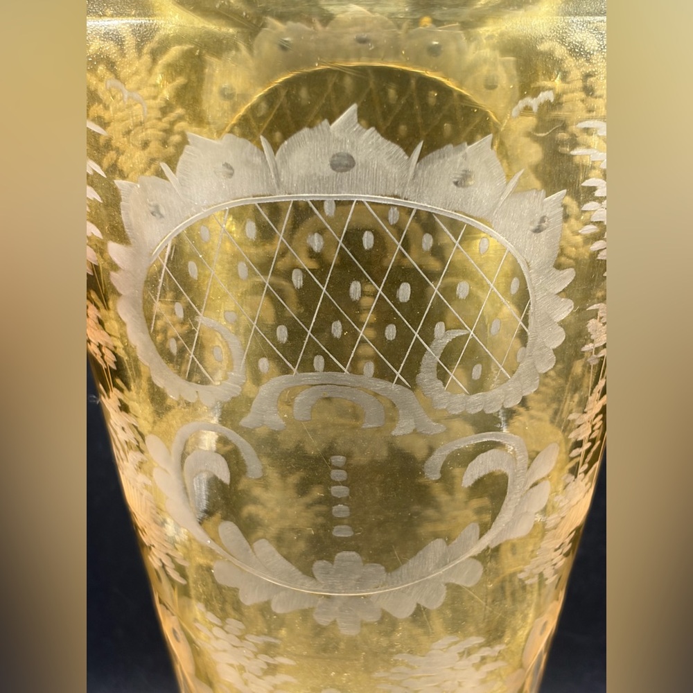 Vintage Bohemian Etched Yellow Pastoral Castle Rabbit Bird Landscape Glass Vase - Picture 11 of 16
